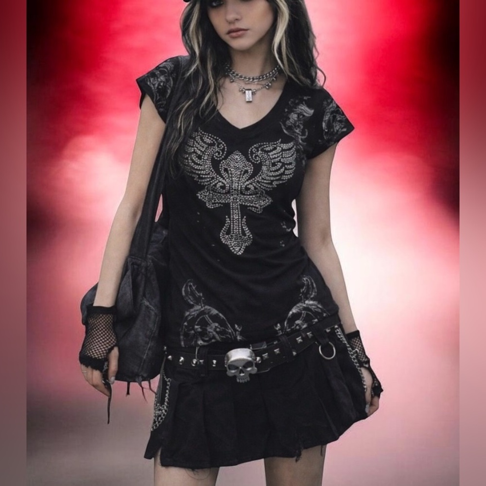 Affliction Inspired ‘Ocasion’ Cyber Grunge Embellished Cross T-Shirt in Black M